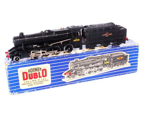 A Hornby Dublo 3-rail LT25 class 8F 2-8-0 engine and tender, a few chips to raised edges (G-BG)
