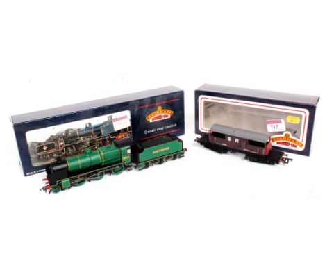 A Bachmann Malachite green 32-155 N class 2-6-0 engine and tender (NM-BNM) sold with 33-827 SR brown Queen Mary brake van (G-