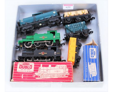 Small tray containing boxed Hornby Dublo 2206 black tank engine No. 31337 (NM-BG) a similar green engine No. 31340 (G) and 48