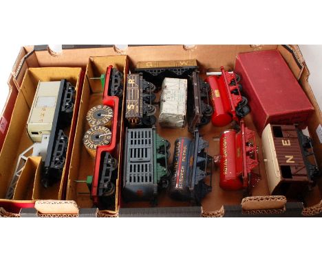 A large tray of 10 pre-war Hornby wagons including LMS breakdown van and crane (G-VG-BF), trolley wagon with 2x BI cable drum