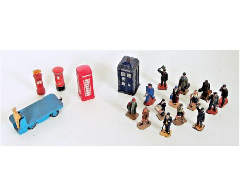 A small box containing 14 assorted Hornby figures, Dinky Toy phone box, police box, 2x post boxes and BEV truck, all (G)