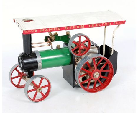 Mamod TE1A Live Steam Traction Engine, finished in green with white canopy and red detailing, loose example (VG)