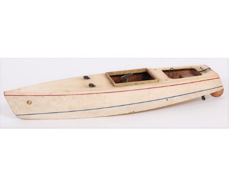 Trade mark K (British) wooden post launch similar Bassett-Lowke/Bowman, with large clockwork motor, for restoration, steel ru