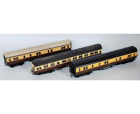 A box containing 3x GWR bogie coaches including 'R Models of Cheltenham' full brake, kit or scratch built Autocoach and an ea