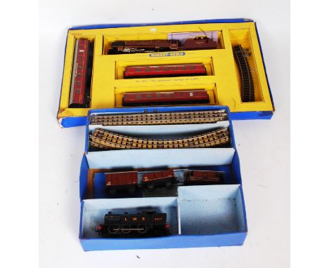 2 Hornby Dublo sets in incomplete boxes, EDG7 LMS black letters tank engine, 3 wagons track oval (FG-BD), 2022 Caledonian set