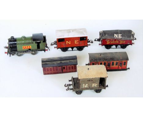 A small box containing a repainted Hornby 0-4-0 c/w loco as green 'Saxa', NE brake van, LNER No. 1 1st/3rd coach missing base
