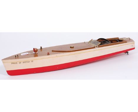 Bing boats 'Pride of Britain III' fine model but with motor in pieces, sprung uncoiled and rudder snapped off, fine varnished