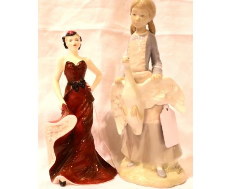 Coalport ceramic figurine of a sophisticated lady and a Nao figurine of a young girl holding a swan. P&amp;P Group 2 (£18+VAT