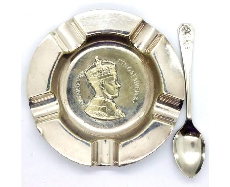 Edward VIII pressed silver-plated ashtray, with a silver plated KGV coronation spoon. P&amp;P Group 1 (£14+VAT for the first 