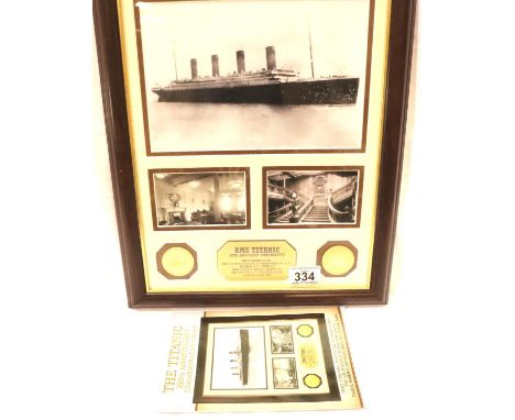 100th anniversary of the Titanic commemorative frame containing three photographs and two medallions. P&amp;P Group 2 (£18+VA