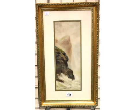 JW STEDMAN; watercolour and pastel of a wild cliffside with crashing waves. Not available for in-house P&amp;P, contact Paul 