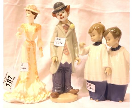 Nao ceramic figure of two young choirboys and a Lladro figure of a female clown and a Coalport figurine of a lady in period d