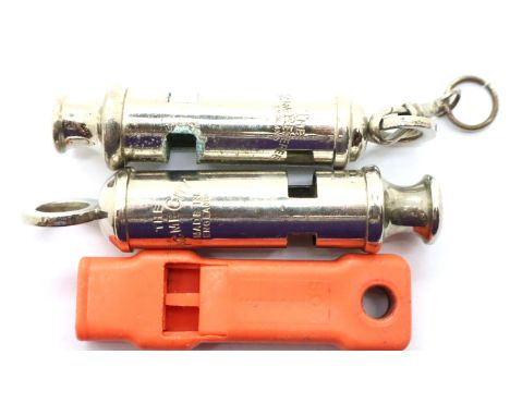 Two whistles, ACME City and ACME Referees and a Marine safety whistle. P&amp;P Group 1 (£14+VAT for the first lot and £1+VAT 