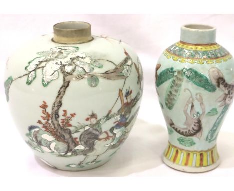 Chinese glazed and painted jar decorated with warriors on horseback, together with a Koi and Crab decorated vase, largest H: 