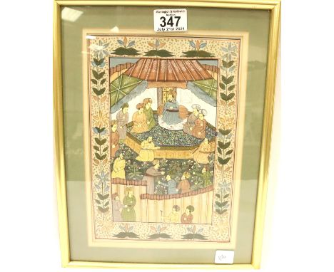 Mughal gouache on silk, figures in a garden. P&amp;P Group 3 (£25+VAT for the first lot and £5+VAT for subsequent lots) 