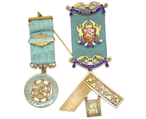 Hallmarked silver gilt and enamel presentation jewel to the PM of The Lodge of Emulation 1505 with a further commemorative je