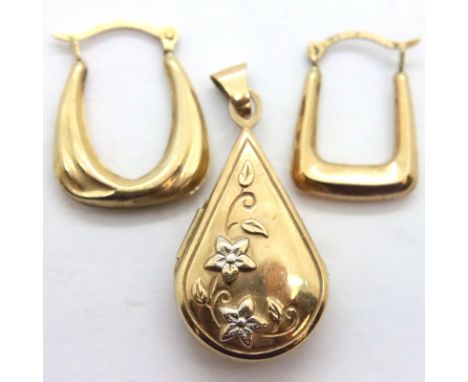 9ct gold earrings and pendant locket, 1.7g. P&amp;P Group 1 (£14+VAT for the first lot and £1+VAT for subsequent lots) 