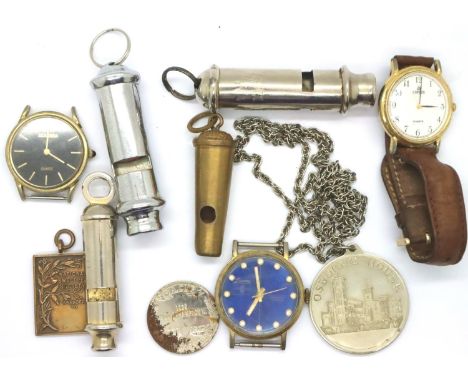 Mixed whistles including ACME City Help whistle by Roy Christie, wristwatches, medallions etc. P&amp;P Group 1 (£14+VAT for t