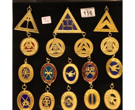 Seventeen craft officers sash jewels from various districts, mounted on board. P&amp;P Group 2 (£18+VAT for the first lot and