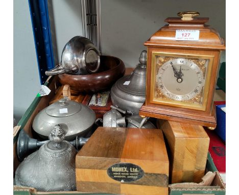 A Georgian style mantle clock "Elliott" by Mappin &amp; Webb; a selection of pewter, wooden boxes etc 