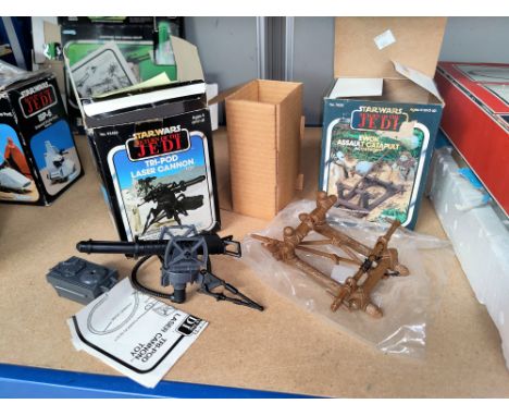 Two sets of Star Wars "Return of the Jedi" accessories: Ewok Catapult &amp; Tripod Laser Cannon (missing one leg), in origina