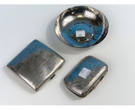 A hallmarked silver cigarette case, with chased decoration, Birmingham 1900, 1.4 oz; an engine turned cigarette case, Birming