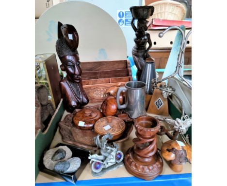 A selection of carved Indian items other treen a metronome etc