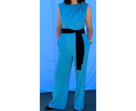 Escada - trouser jump suit in turquoise with tie detail at shoulder, size 12; Escada - 2  piece sleeveless trouser suit in br