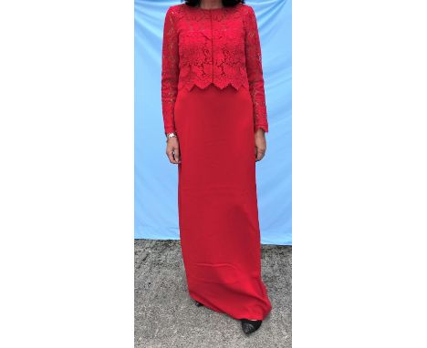 Marccain - red long sleeve evening dress with lace bodice, size M; Escada - orange evening dress with single long sleeve and 