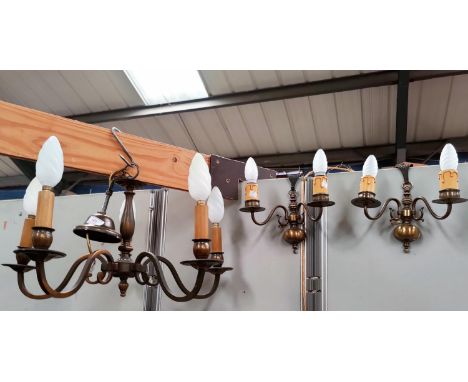 A Cromwellian style centre light with 5 branches, and twin wall lights; a flame torchère lampshade 