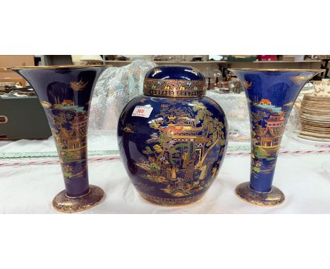 A 1930's Carltonware garniture in blue lustre with chinoiserie scenes comprising&nbsp; 2 trumpet shaped vases and ginger jar,