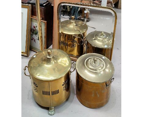 A brass standard lamp; a mirror firescreen; 2 coal bins; pewter mugs 