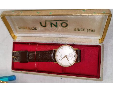 A 1960's gents Swiss made Uno hand wound wrist watch in original box (gold plate and steel, winds and runs, case diameter 33m