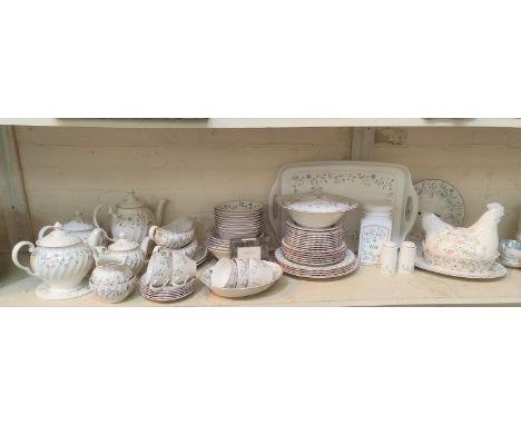 A Johnsons Summer Chintz part dinner/tea service, 72 pieces approx; a chicken egg box; a wall clock; teapot; etc. 