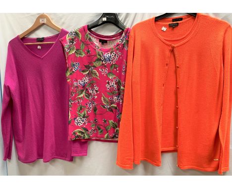 An ESCADA orange twin set cardigan set (M/L); an ESCADA bright pink and floral sleeveless top (M); an ESCADA fuchsia pink cas