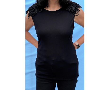 Ted Baker - black T shirt with fancy looped shoulders, size 3, with labels; Reiss - black jersey sleeveless top, size l, with