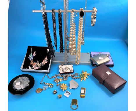 A selection of costume jewellery; a desk barometer etc 