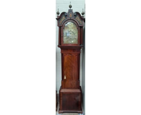 A Georgian mahogany longcase clock by Jn Strange, London, with 3 ball finials, swan neck pediment, japanned panels and turned
