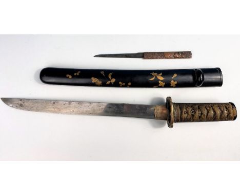 A 19th century Japanese Tanto (O-Tanto) short sword with lacquer scabbard with gilt decoration of leaves and insects, with sm