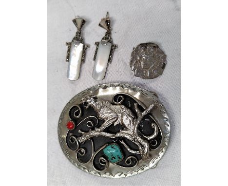 A hallmarked silver Birmingham 1927 Art Nouveau button, a pair of white metal diamante and pearlescent Art Dec style earrings