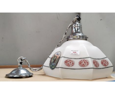 An early 20th century ceiling light with painted decoration and chrome fittings&nbsp;36d x 20h x 28 with fitting - chain and 
