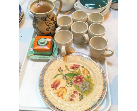 A Royal Cauldon jug in the style of Charlotte Rhead; other similar pottery 