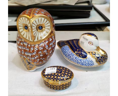 Two Royal Crown Derby figures: owl and duck, with gilt stoppers; a modern patch box (In good condition but no boxes)