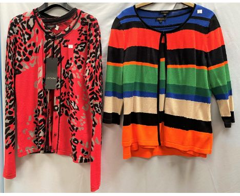 An ESCADA multi-colour twin set cardigan set (M); an ESCADA red grey and black twin set cardigan set (wool and silk) with ori