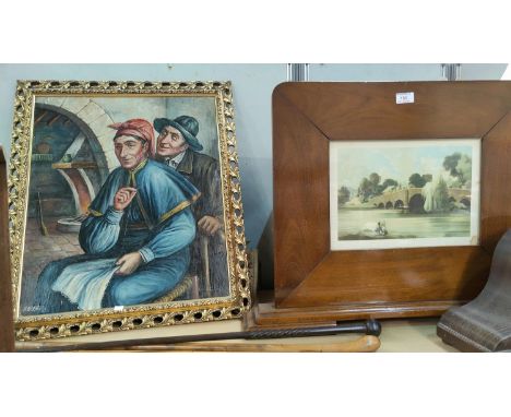 A pictoral firescreen; an oil    , old couple in a kitchen, metalware boxes, walking sticks, yardsticks etc 