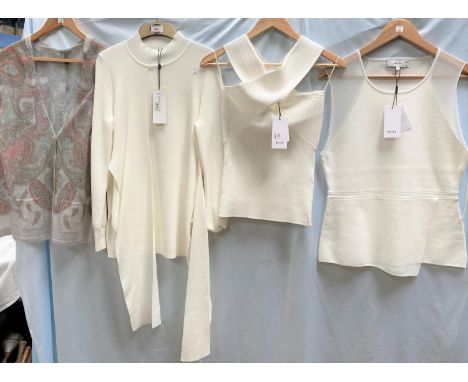 A Reiss cream ribbed cross over sleeveless top with original labels (L); a Karen Millen long cream turtle neck jumper, with o