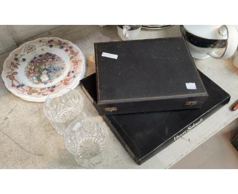 Three Royal Doulton Brambly Hedge seasonal plates, cut glass heavy tumbler; a boxed set of Viners Splayds, and a boxed set of