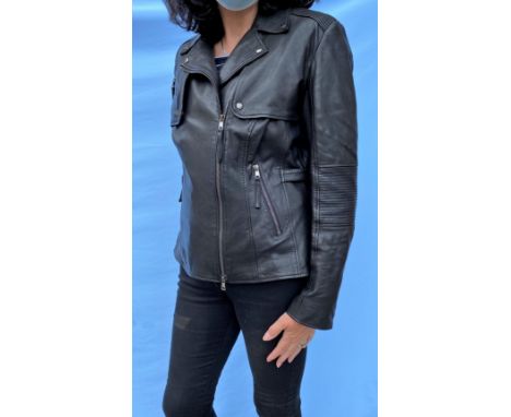 A Marccain black leather biker jacket with ribbing detail on elbows and shoulders (M) 