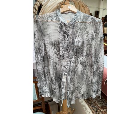 Escada - cream lace shirt, size 40; Escada - black blouse with leather effect trim, size 40; Marccain - cotton and silk grey 