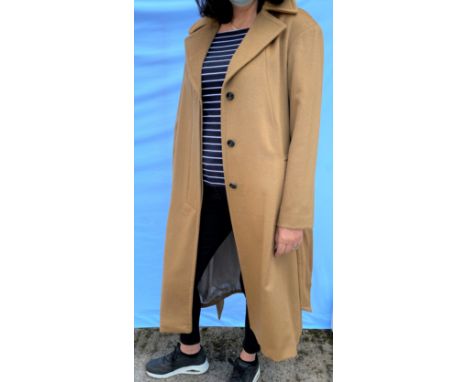 L K Bennett, a dark camel colour trench style coat with belt, wool and 5% cashmere, size 16 
